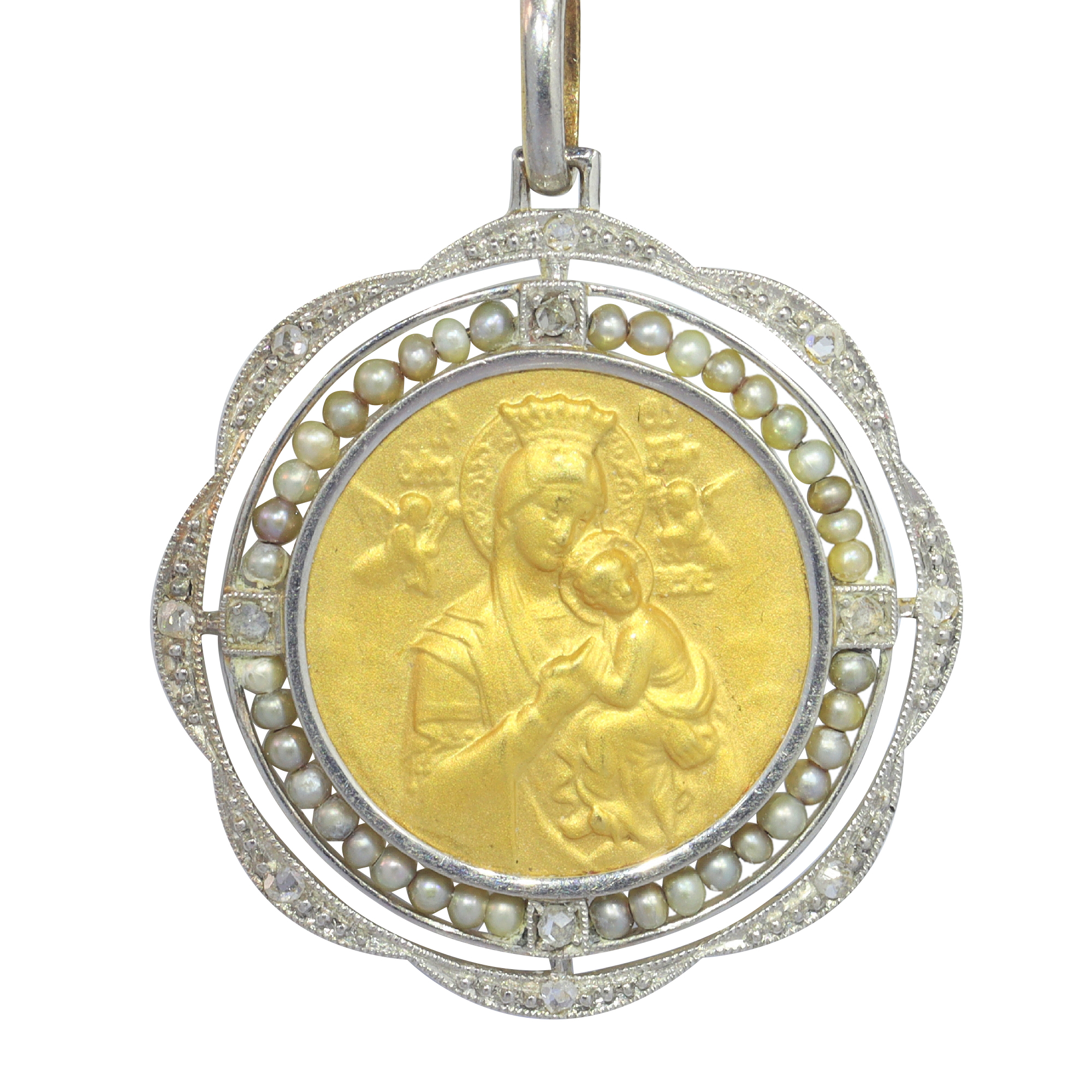 Vintage antique 1910's Edwardian - Art Deco 18K gold medal set with diamonds and pearls Mother Mary Our Lady of Perpetual Help